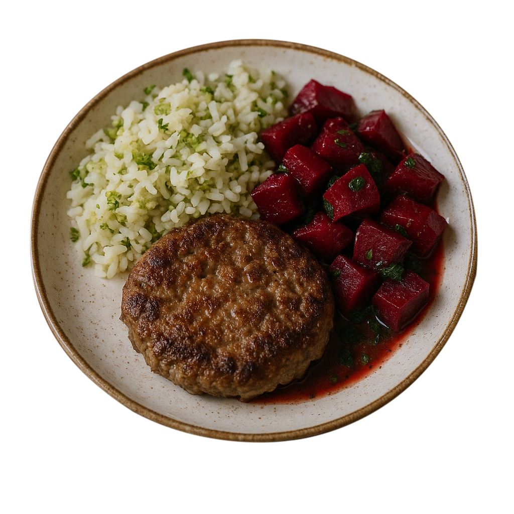 Hamburguer de carne, arroz com brócolis e beterraba.png