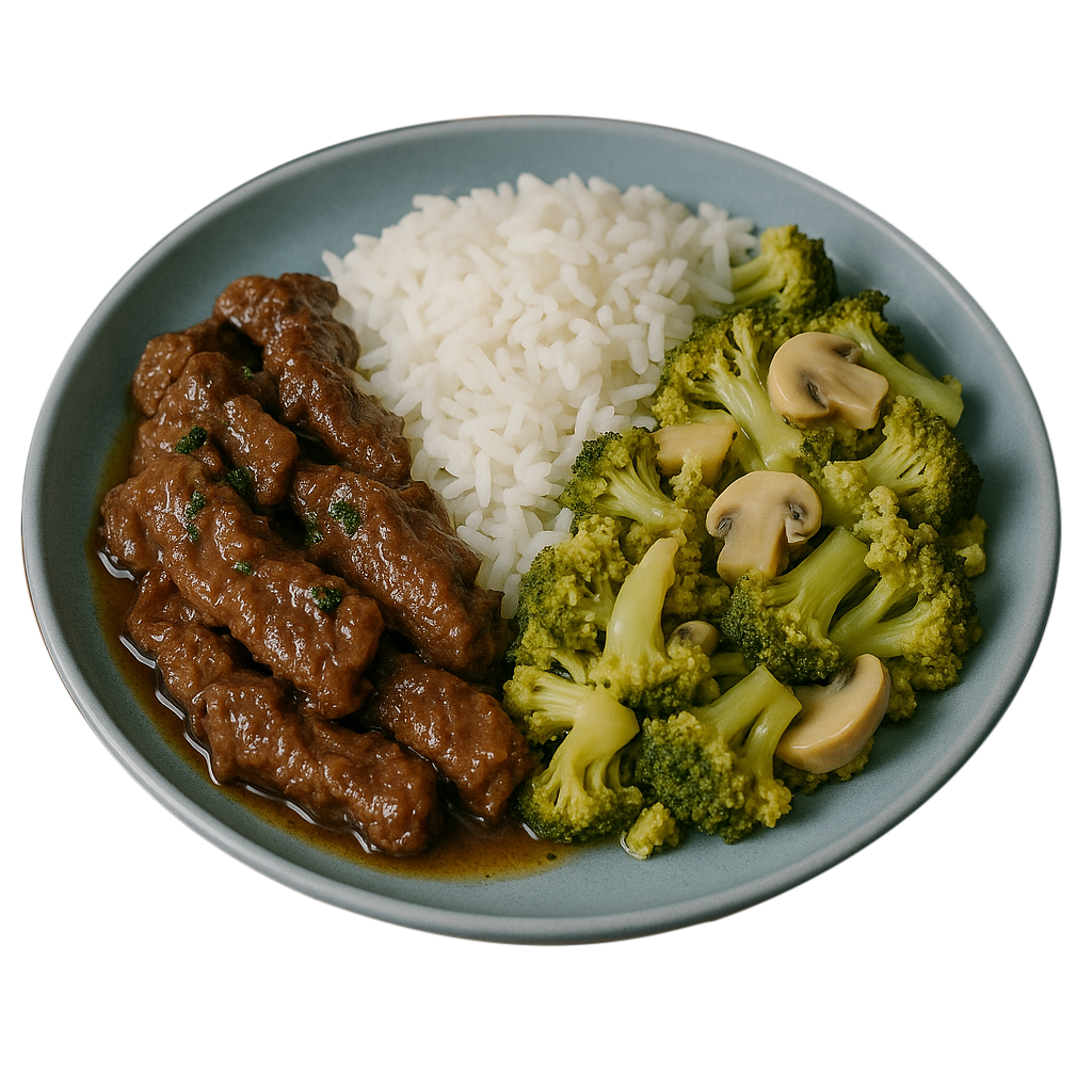Iscas de contra-filé apimentado (estilo oriental), arroz branco e brócolis com champignon.png