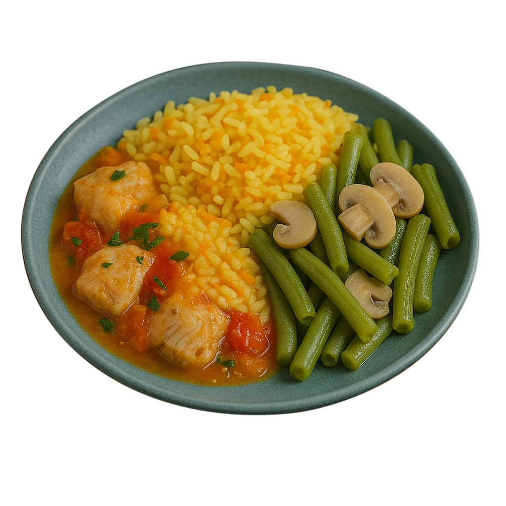 Tilápia com molho, arroz com cenoura e vagem com champignon.png